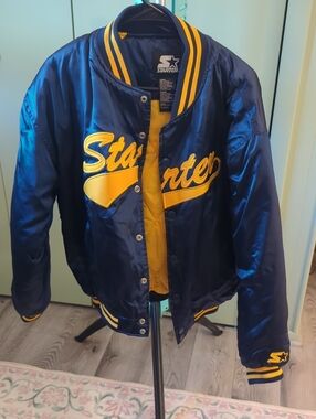 STARTER Navy and Yellow Satin Varsity-Style Jacket